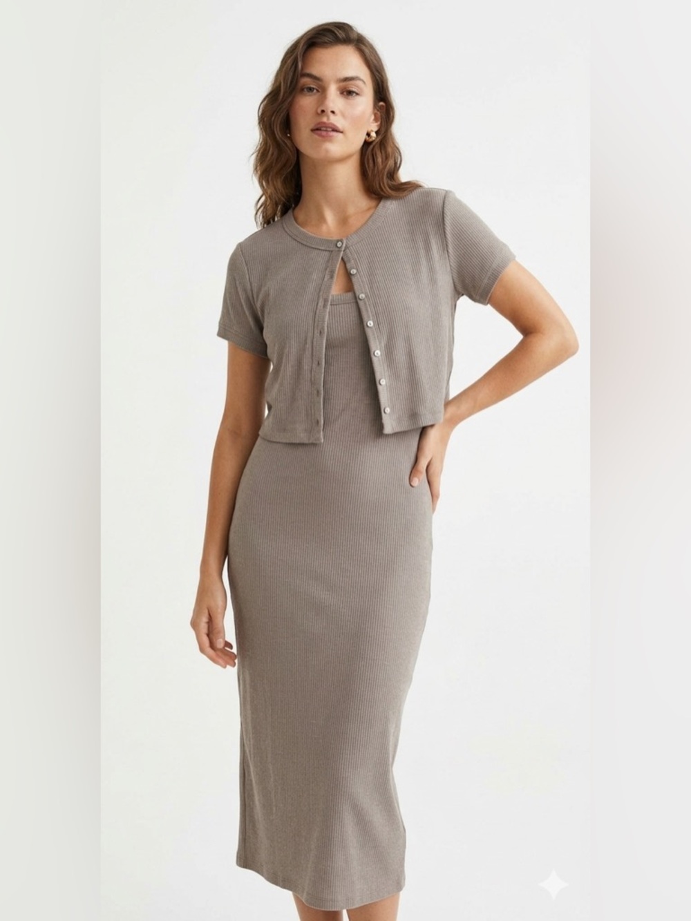 Ribbed Knit Short-Sleeve Cardigan & Tank Maxi Dress Set - Grey